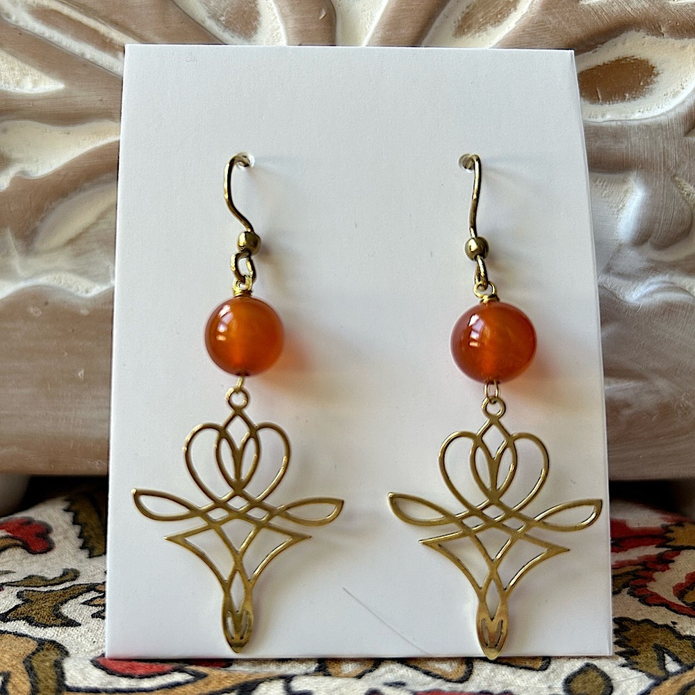 Carnelian and Brass Motif Handmade Boho Earrings - 2” Drop - New